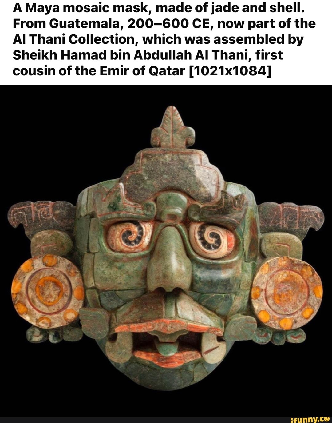 A Maya mosaic mask, made of jade and shell. From Guatemala, 200-600 CE ...