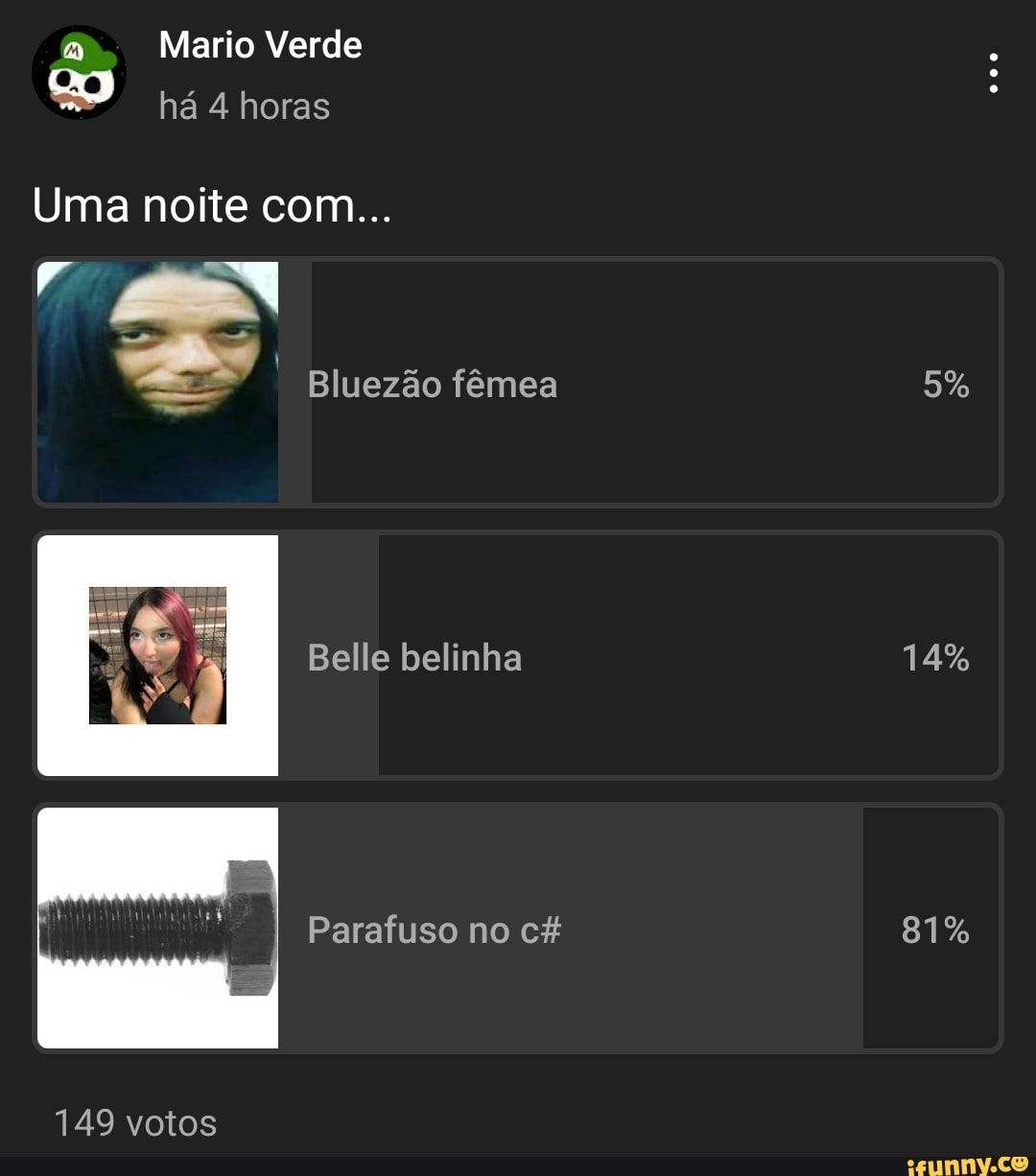 Mario Verde há 4 horas Uma noite com... Bluezão fêmea 5% Belle belinha 14%  Parafuso no 81% 149 votos - iFunny Brazil