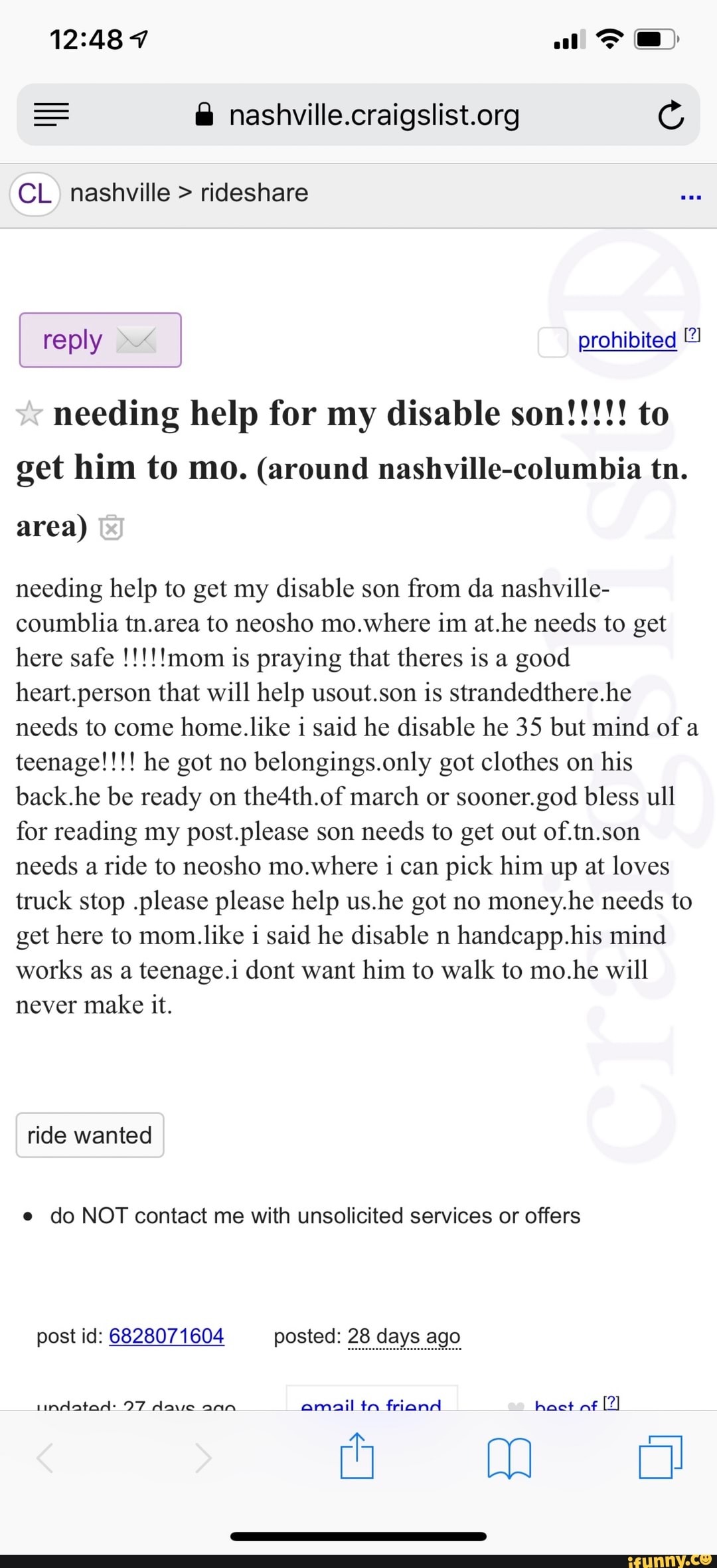 _E i nashville.craigslist.org C CL nashville > rideshare needing help for  my disable son!!!!! to