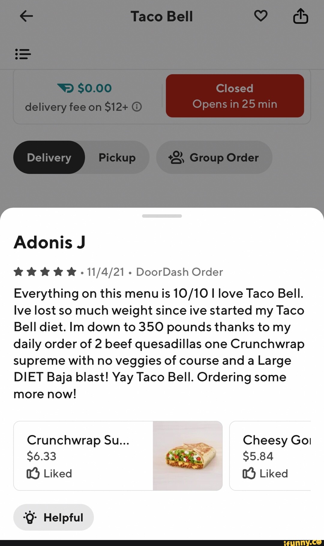 Adonis J Taco Bell Closed delivery fee on Opens in 25 min Delivery ...