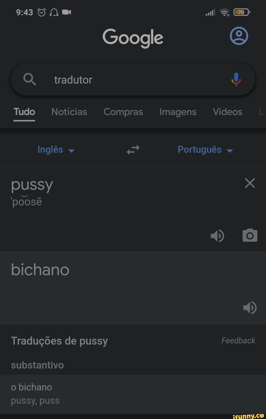 Google tradutor Tudo Noticias Compras Imagens Vídeos Inglês Português pussy  x OI poose bichano Traduções de pussy substantivo bichano pussy, puss  Feedback - iFunny Brazil