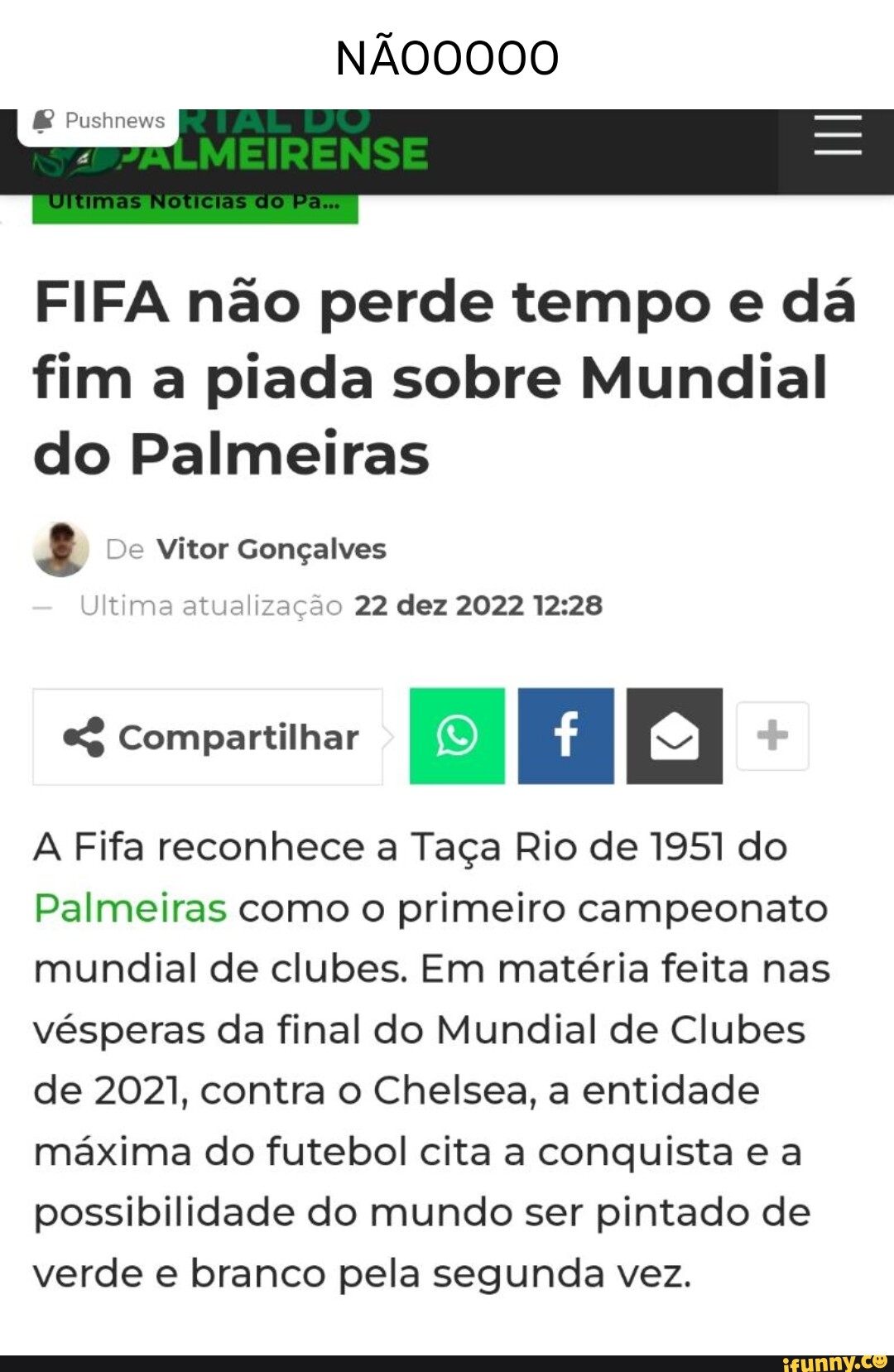 FIFA reconhece Palmeiras como o Primeiro Campeão Mundial de Clubes