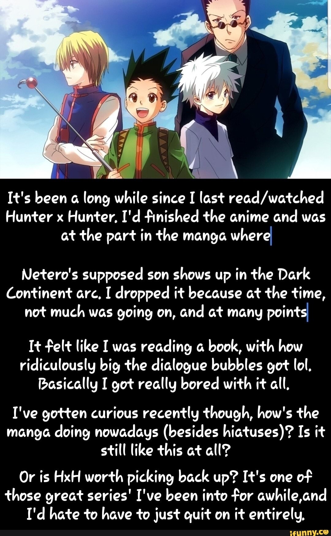 It's been long while since I last Hunter x Hunter, I'd finished the anime  and was at the part in the manga where Netero's supposed son shows up in  the Dark Continent