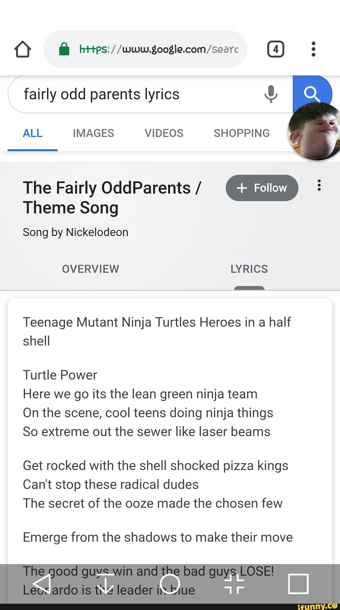 O ﬂ ths://www.google.com/searc G] fairly odd parents lyrics Q; ALL IMAGES