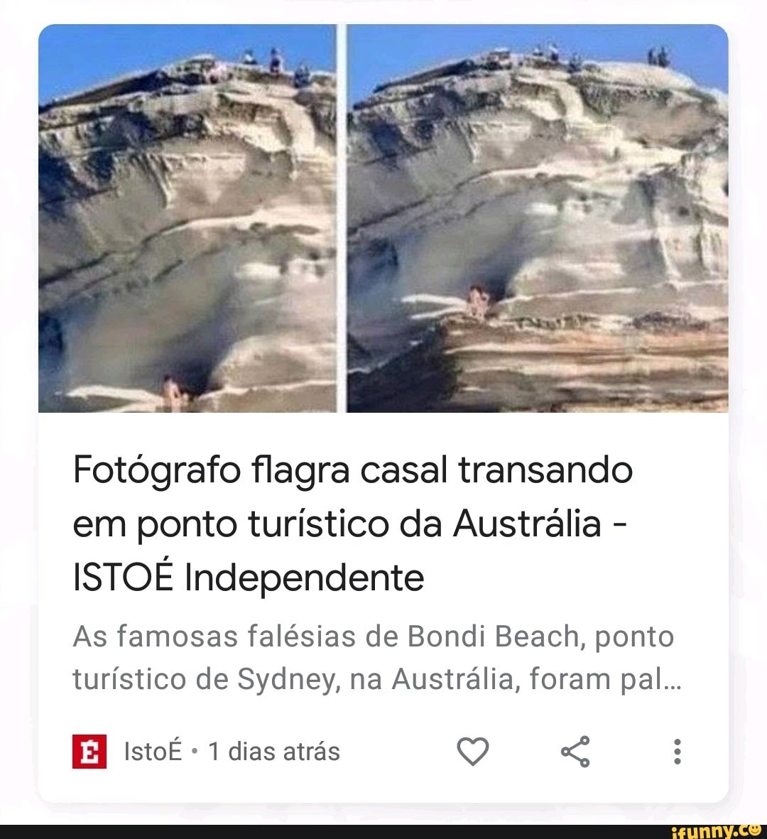 Fotógrafo flagra casal transando em ponto turístico da Austrália - ISTOÉ  Independente As famosas falésias de Bondi Beach, ponto turístico de Sydney,  na Austrália, foram pal... IstoÉ 1 dias atrás - iFunny Brazil