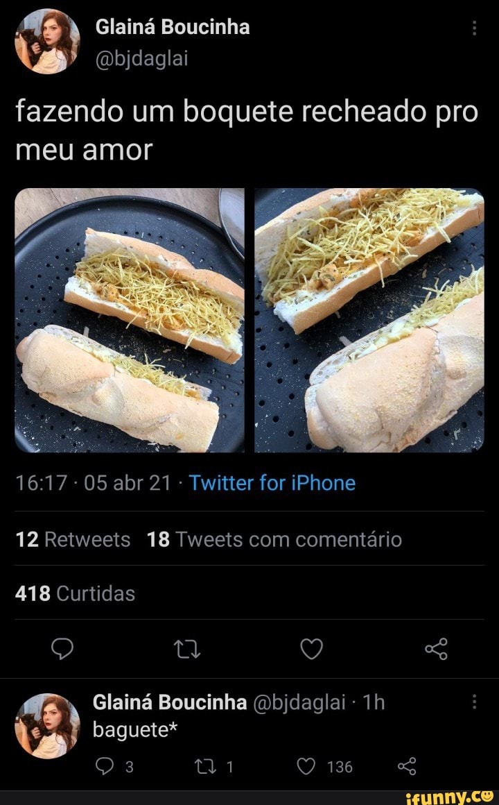 Glainá Boucinha fazendo um boquete recheado pro meu amor 1617 - 05 abr 21 -  Twitter for iPhone 12 Retweets 18 Tweeis com comentário 418 Curtidas Glainá  Boucinha (Objdaglai - baguete* 136 - iFunny Brazil