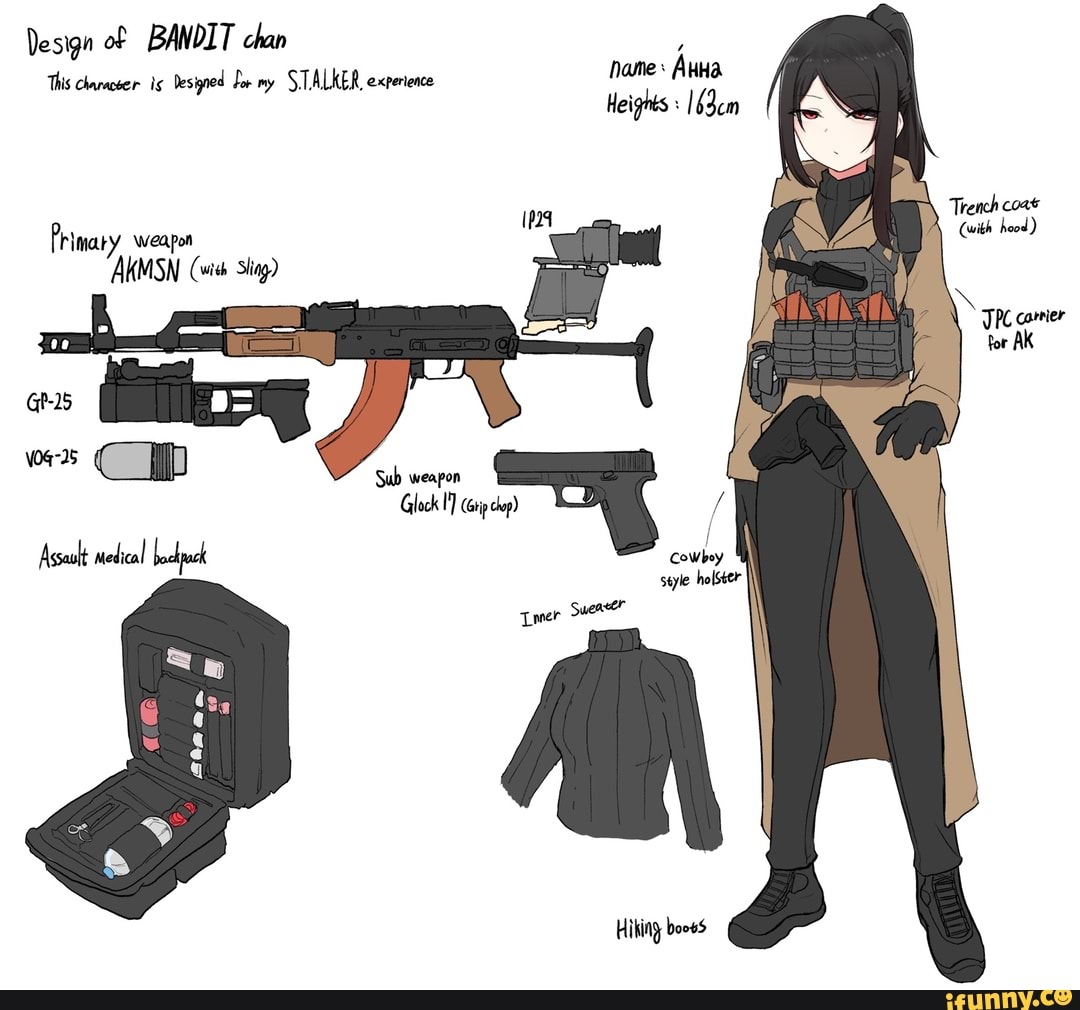 Design of BANDIT chan This is Desiped my STALKER, experience name: Heights  163cm Trench coas Primary weapon AKMSN (wis sig) (with hood ) for AK Sub  weapon style holster Hiking booes -