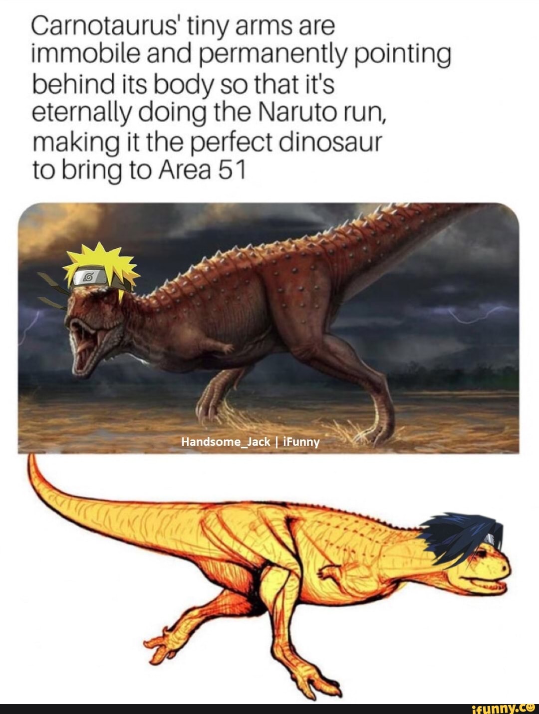 Carnotaurus' tiny arms are immobile and permanently pointing behind its  body so that it's eternally doing the Naruto run, making it the perfect  dinosaur to bring to Area 51 - iFunny Brazil