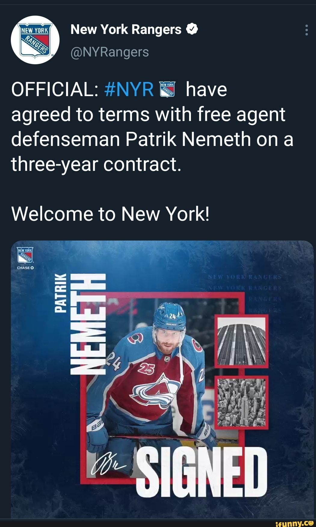 New York Rangers on X: OFFICIAL: #NYR have agreed to terms with