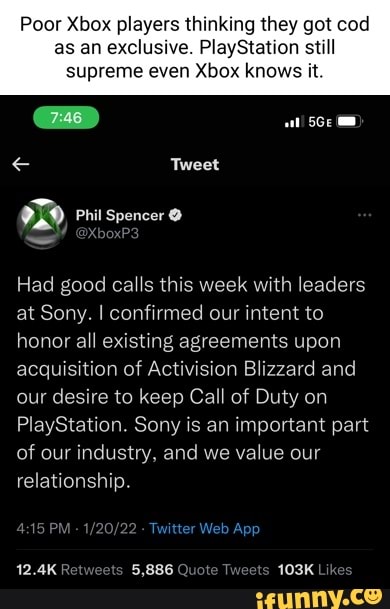 Tweet You Retweeted Phil Spencer Had good calls this week with leaders at  Sony. I confirmed