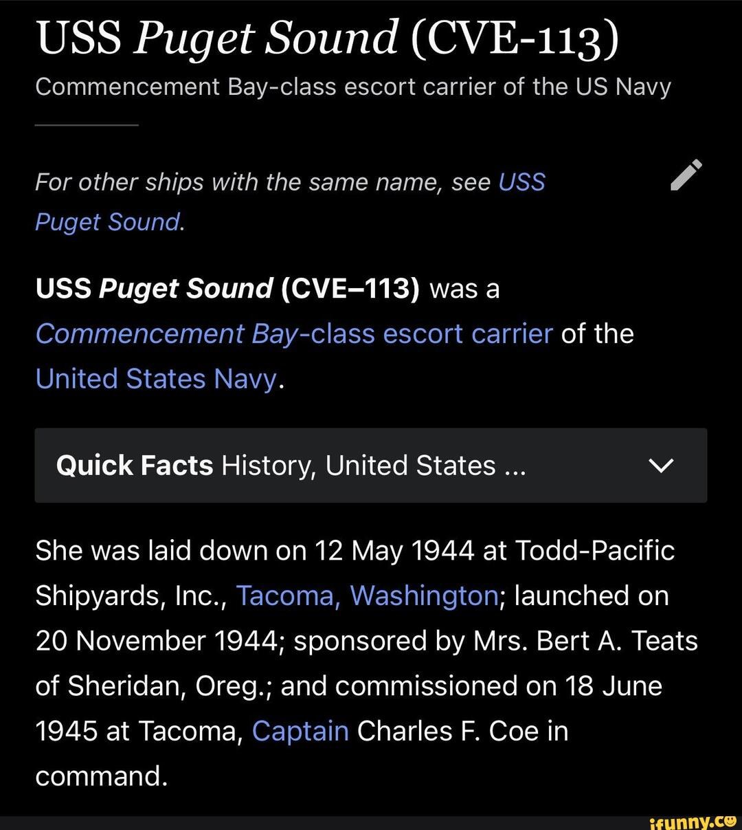 USS Puget Sound (CVE-113) Commencement Bay-class escort carrier of the US  Navy For other