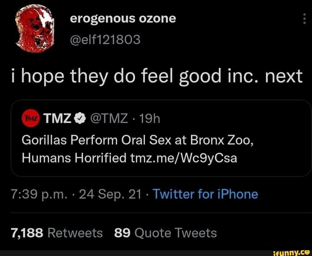 Erogenous ozone @elf121803 i hope they do feel good inc. next (9 TMZ @TMZ -  Gorillas Perform Oral Sex at Bronx Zoo, Humans Horrified 7,188 Retweets 89  Quote Tweets - iFunny Brazil