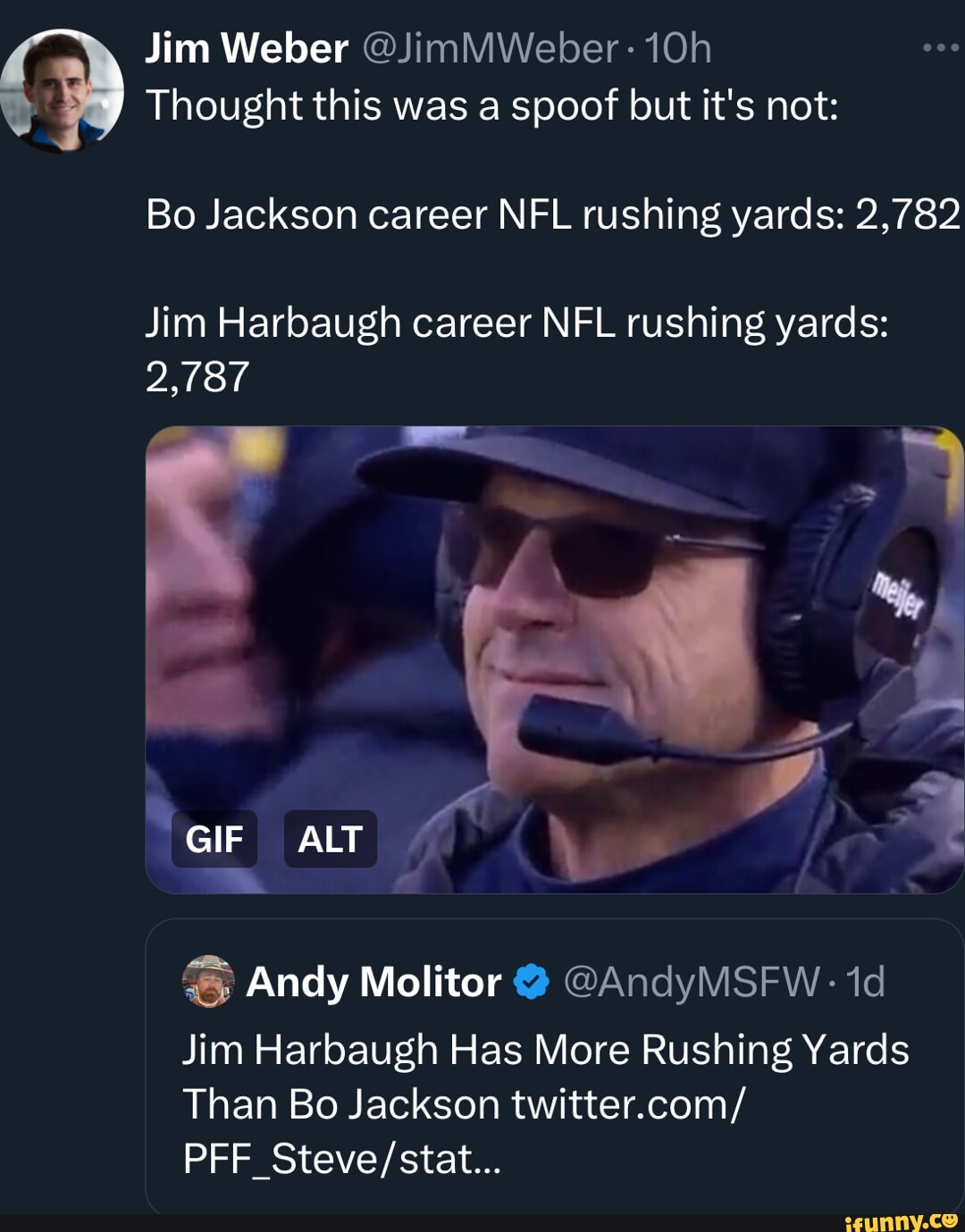 Jim Harbaugh Has More Rushing Yards Than Bo Jackson