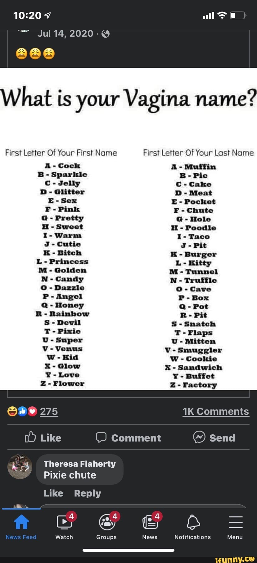 7 Jul 14, 2020 What is your Vagina name? First Letter Of Your First Name &-