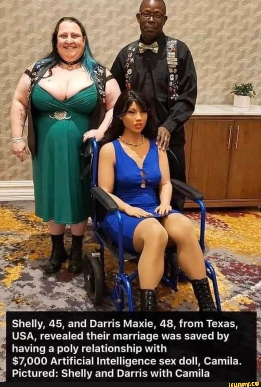 Shelly, 45, and Darris Maxie, 48, from Texas, USA, revealed their marriage  was saved by having a poly relationship with $7,000 Artificial Intelligence  sex doll, Camila. Pictured: Shelly and Darris with Camila - iFunny Brazil