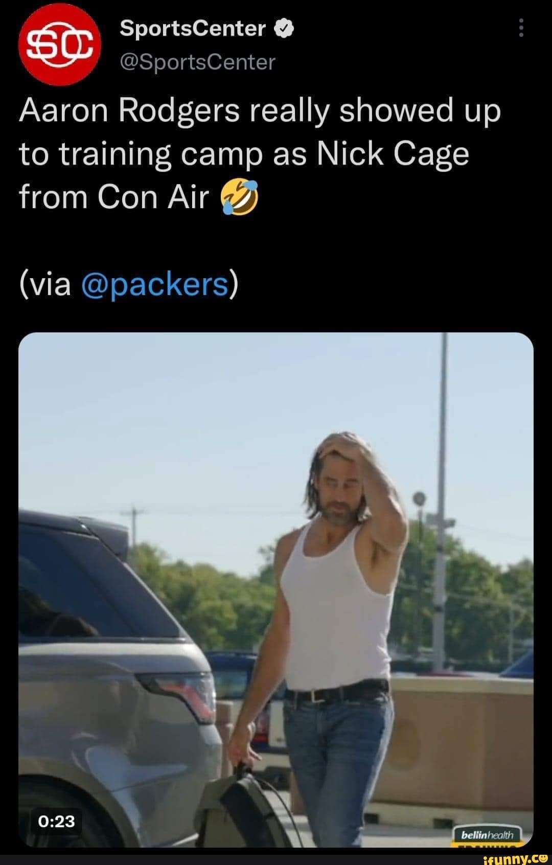 Aaron Rodgers channels Nicolas Cage as he arrives at Packers training camp