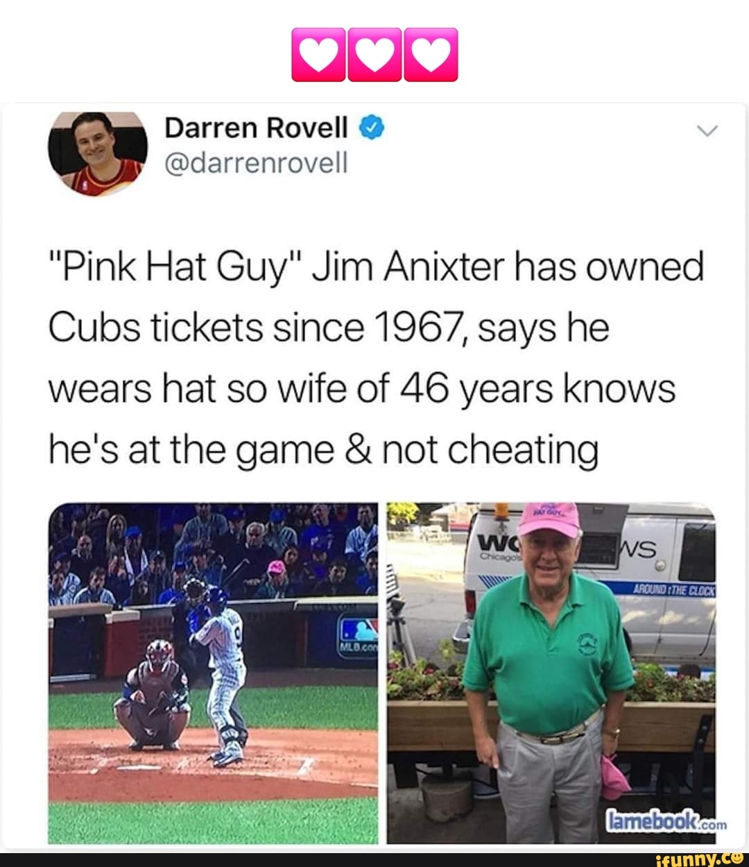 Guy in pink cheap hat at cubs game