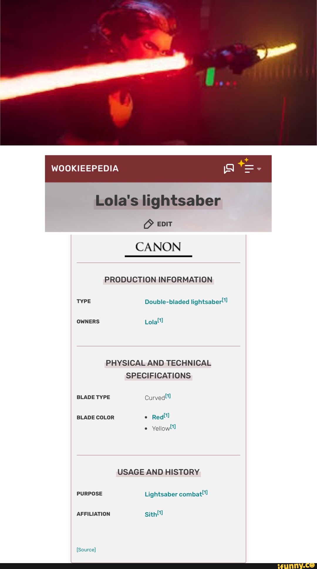 DIA Lola's lightsaber epit CANON PRODUCTION INFORMATION TYPE Double