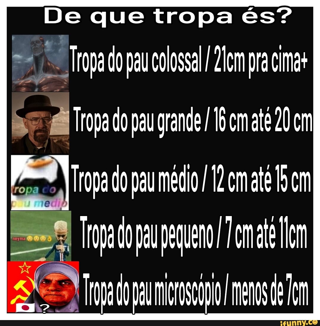 De que tropa és? Tropa do pau colossal / pra cimas Tropa do pau grande / cm  ate