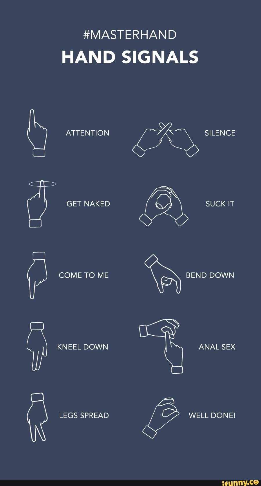 MAST ERHAND HAND SIGNALS ATTENTION GET NAKED COME TO ME KNEEL DOWN LEGS  SPREAD SILENCE SUCK IT BEND DOWN ANAL SEX WELL DONE! - iFunny Brazil