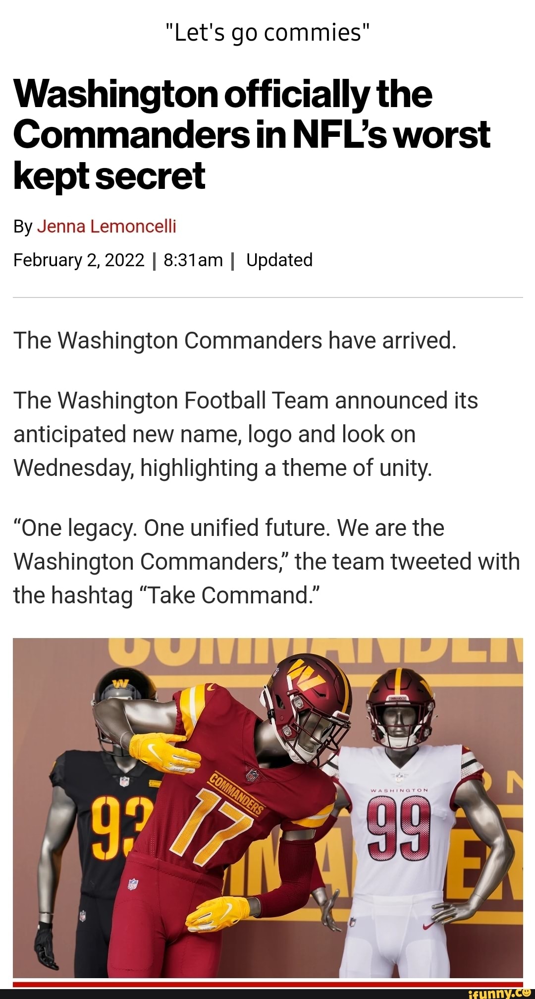 Washington Commanders officially is NFL team's new name