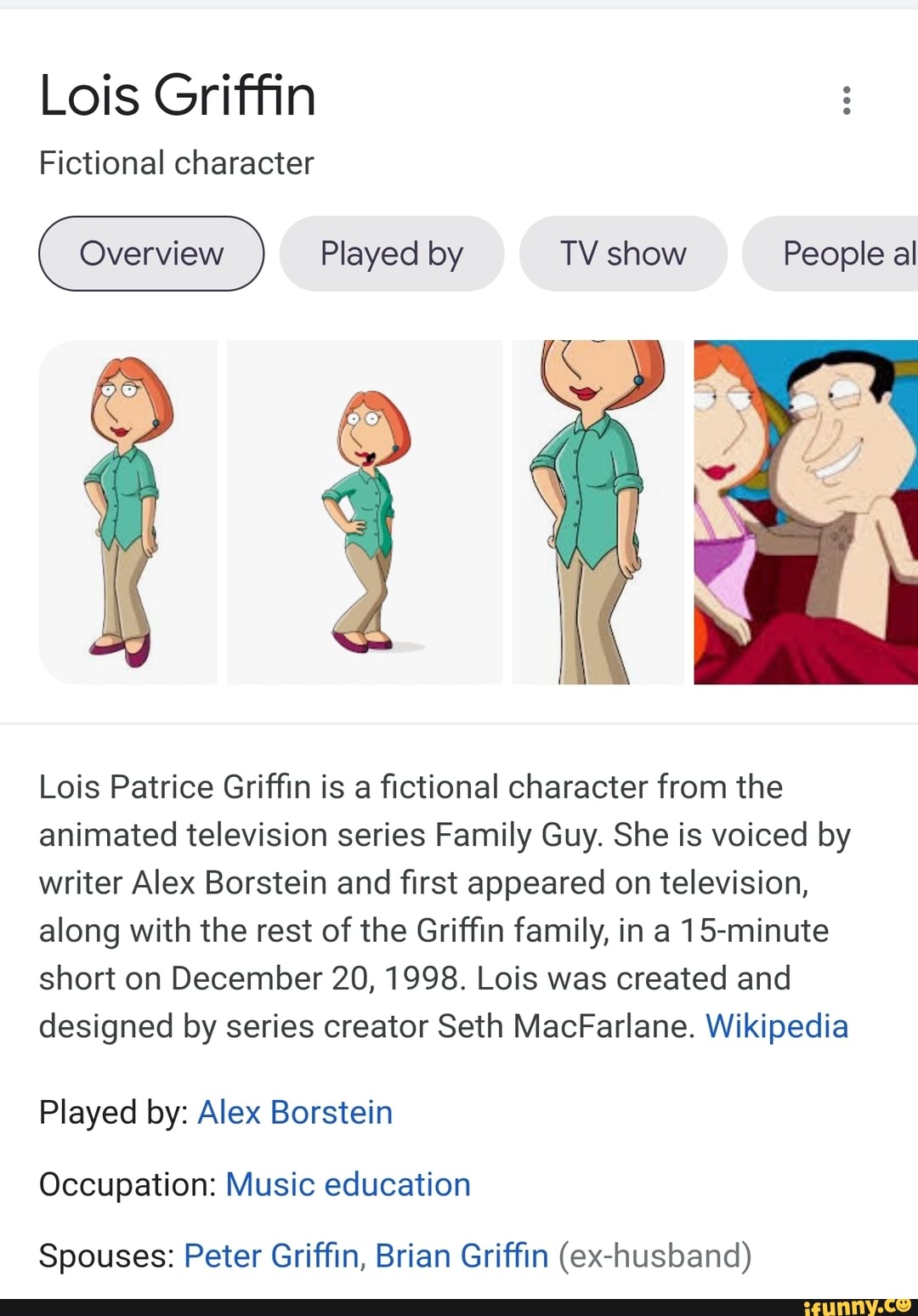 Lois Griffin Fictional character Played by TV show People al Lois Patrice  Griffin is a fictional