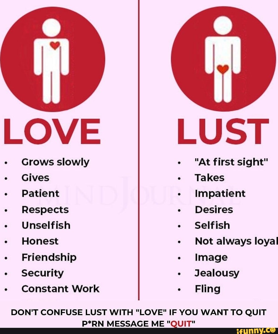 LOVE LUST Grows slowly Gives Patient Respects Unselfish Honest Friendship  Security Constant Work 