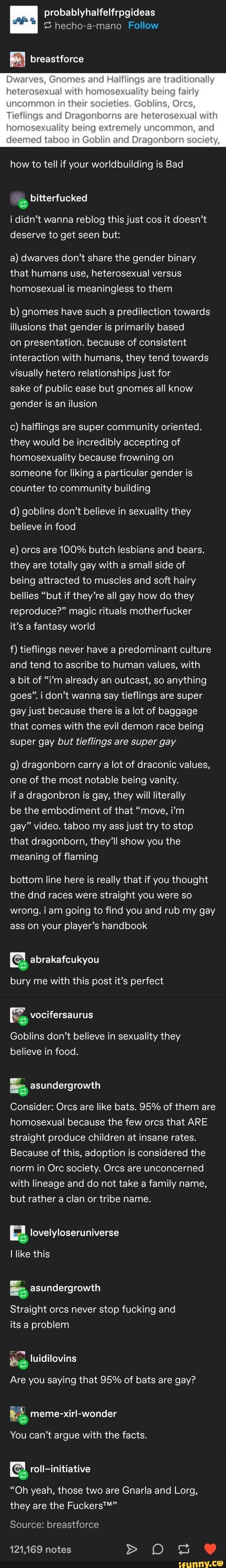 Probablyhalfelfrpgideas hecho-a-mano Follow By breastforce Dwarves, Gnomes  and Halflings are traditionally xual with homosexuality being fairly  uncommon in their societies. Goblins, Ores, Tieflings and Dragonborns are  heterosexual v ality being ...