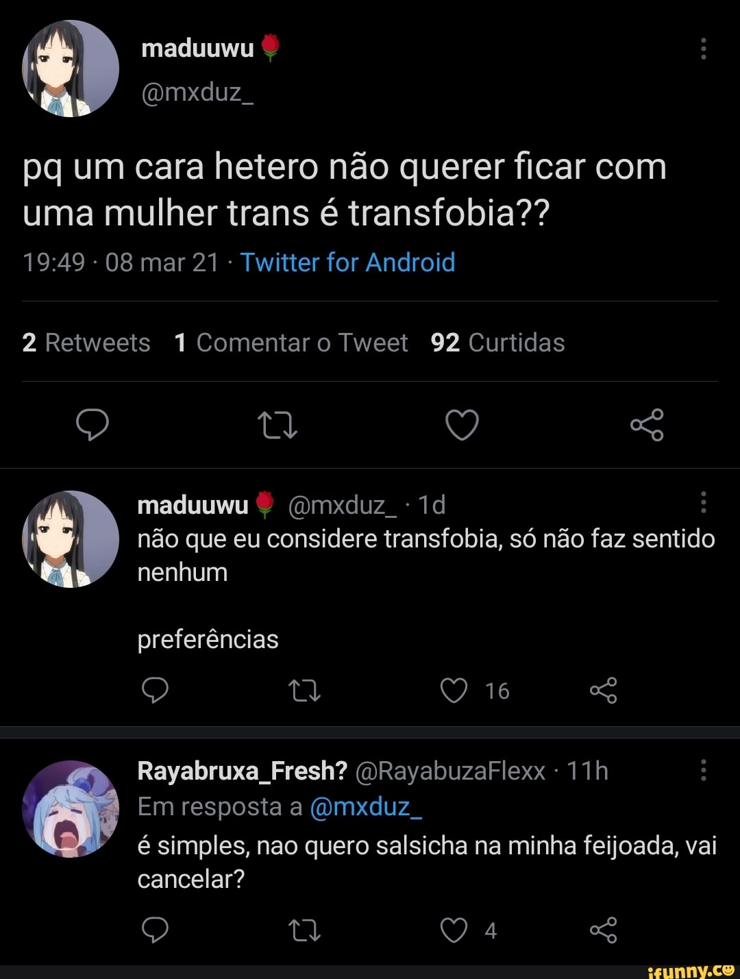 Pq um cara hetero não querer ficar com uma mulher trans é transfobia?? 08  mar