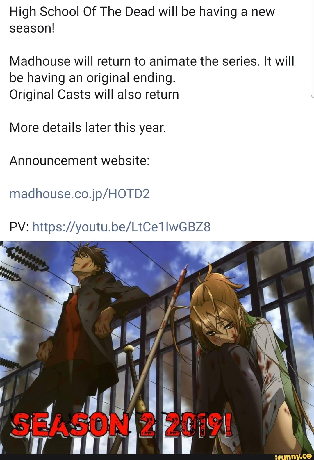 High School Of The Dead will be having a new season! Madhouse will return  to animate