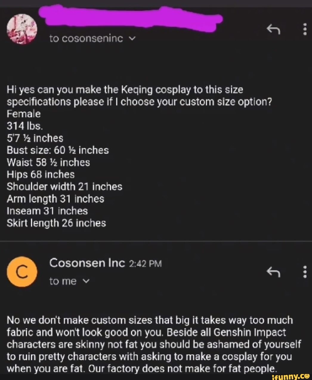 To cosonseninc v Hi yes can you make the Keging cosplay to this size  specifications please