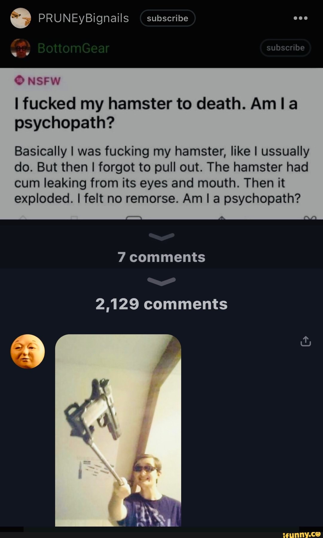 PRUNEyBignails (subscribe NSFW subscribe be I fucked my hamster to death.  Am la psychopath? Basically I