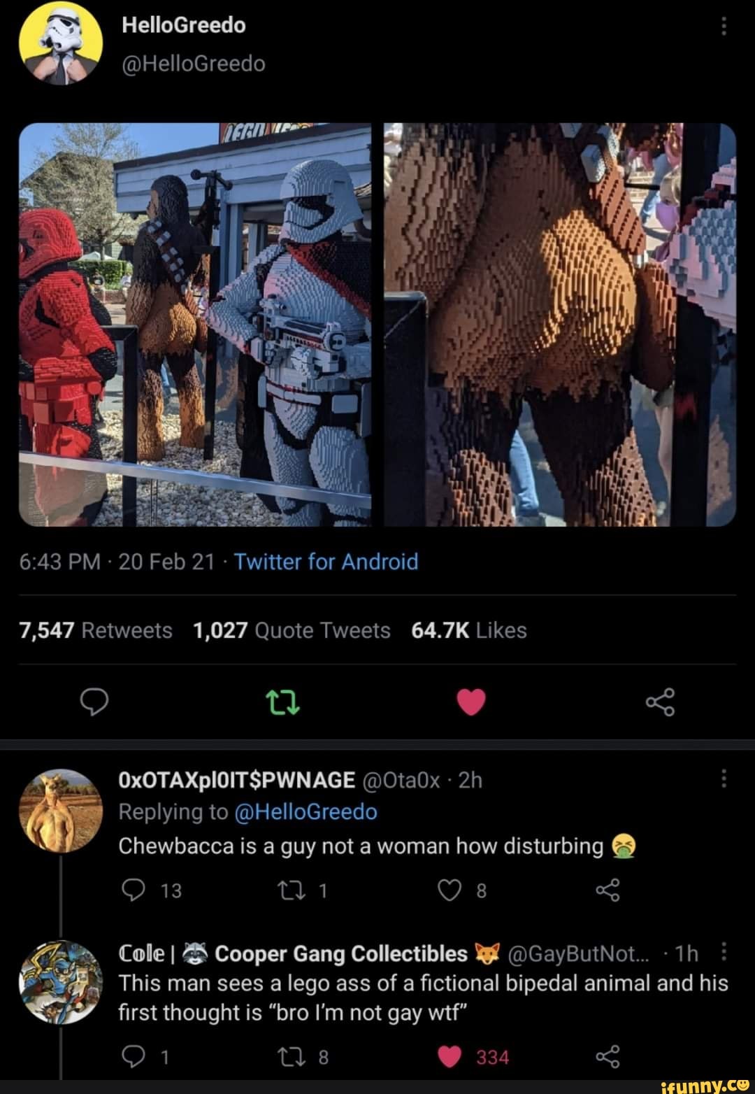 AS HelloGreedo @HelloGreedo PM - 20 Feb 21 - Twitter for Android  OxOTAXpIOITSPWNAGE @Ota0x Replying to @HelloGreedo Chewbacca