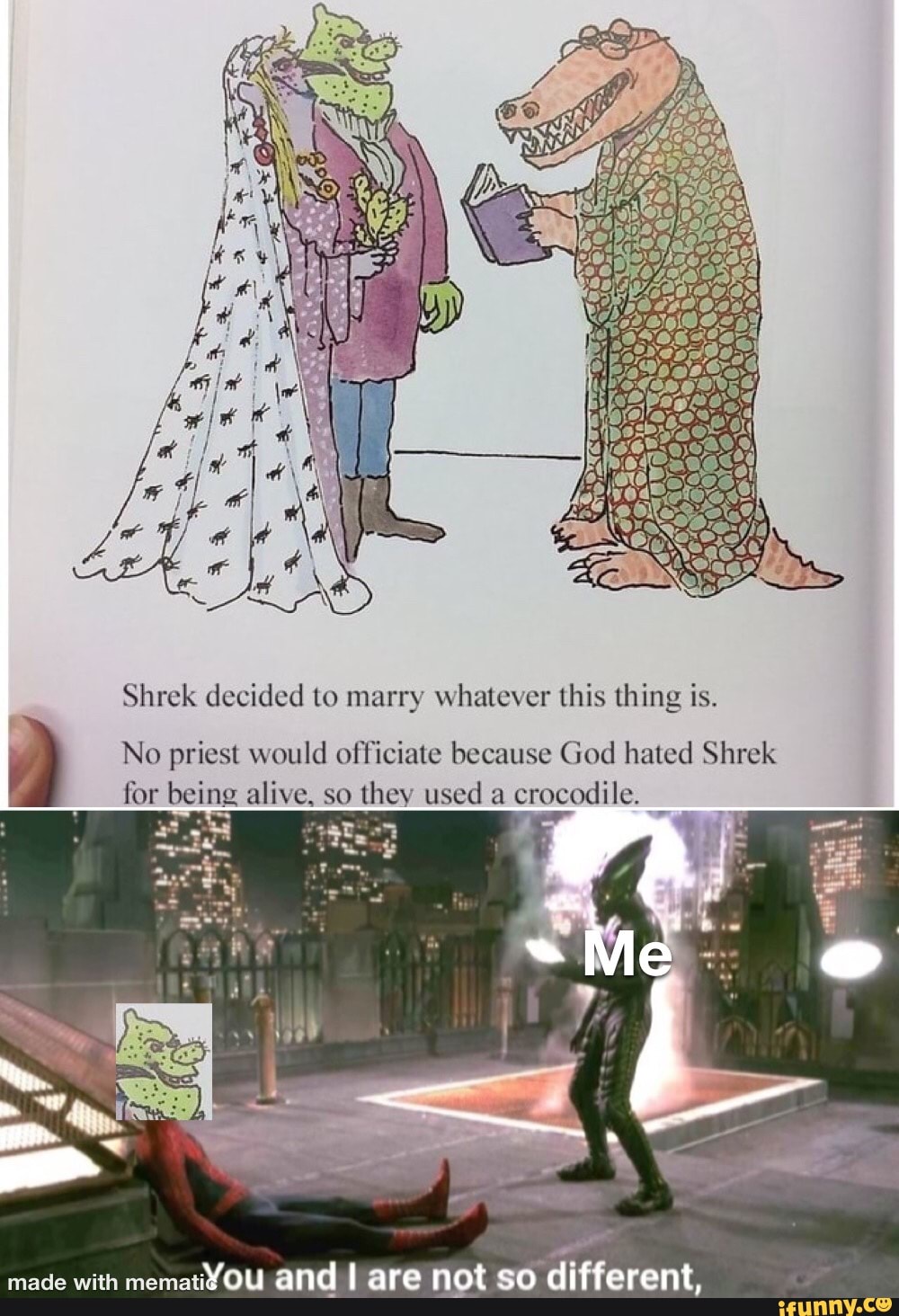 Funny meme of a priest dressed as shrek