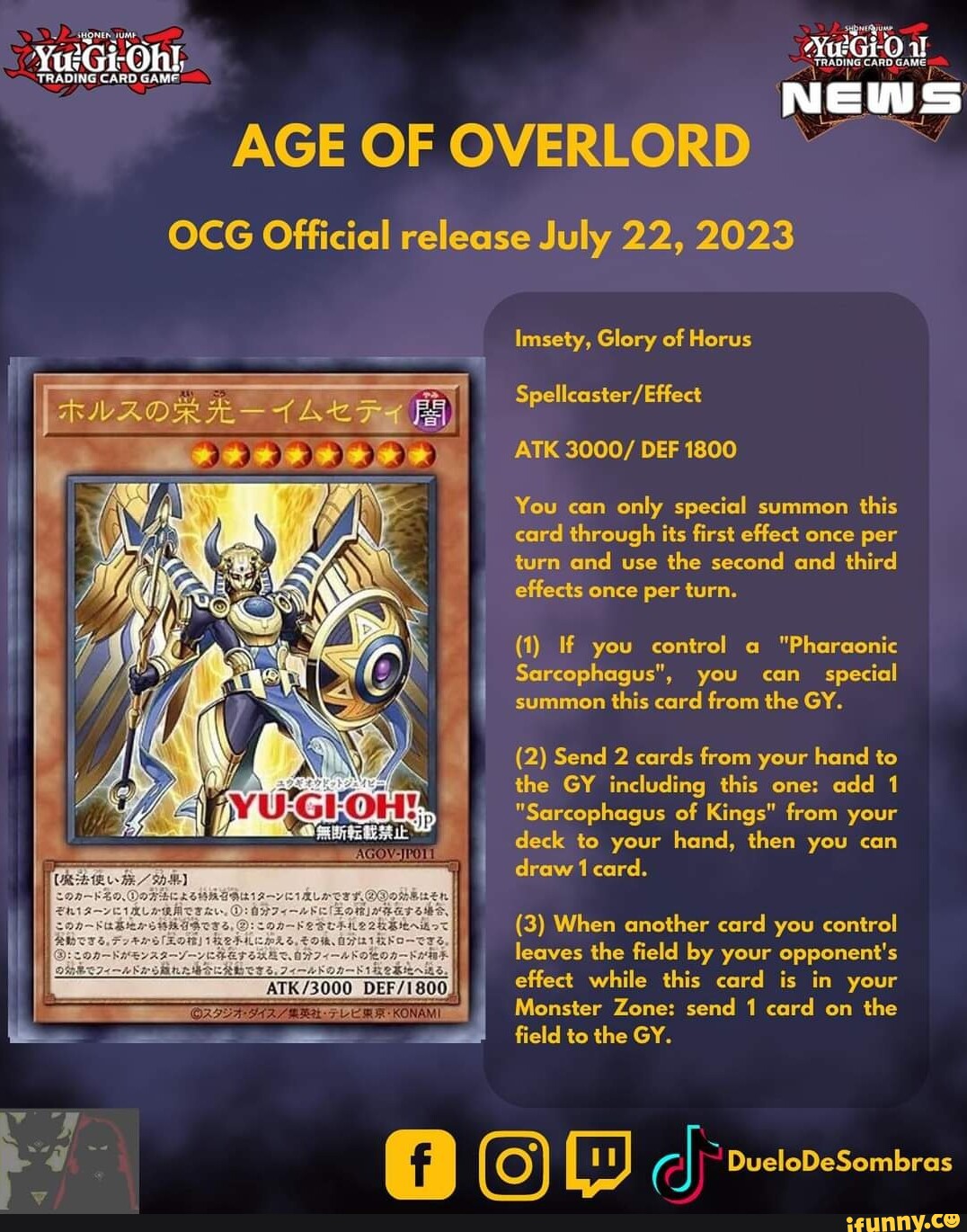 Yugioh Imsety, Glory Of Horus AGOV-EN011 YuGiOh Age Of Overlord - Trading  Cards