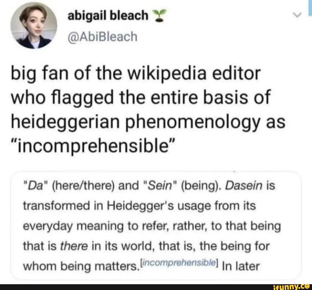 Abigail bleach @AbiBleach big fan of the wikipedia editor who flagged the  entire basis of heideggerian
