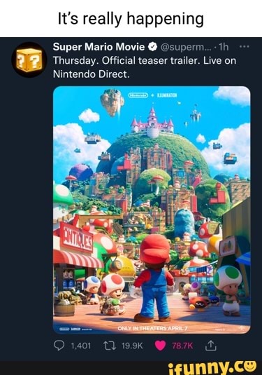 The Super Mario Bros. Movie on X: Thursday. Official teaser trailer. Live  on Nintendo Direct.  / X