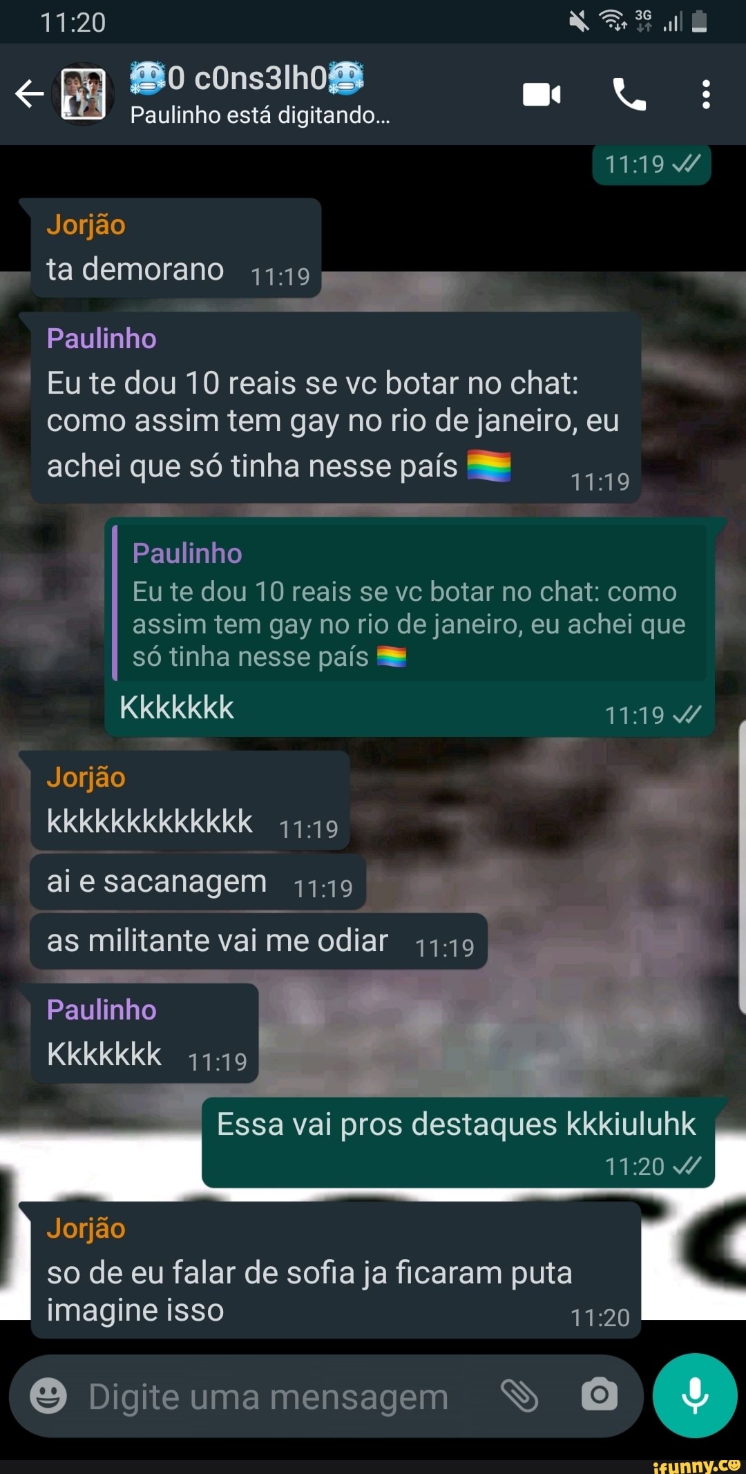 Bo Paulinho está digitando... Jorjão ta demorano 11194 Paulinho Eu te dou  10 reais se vc