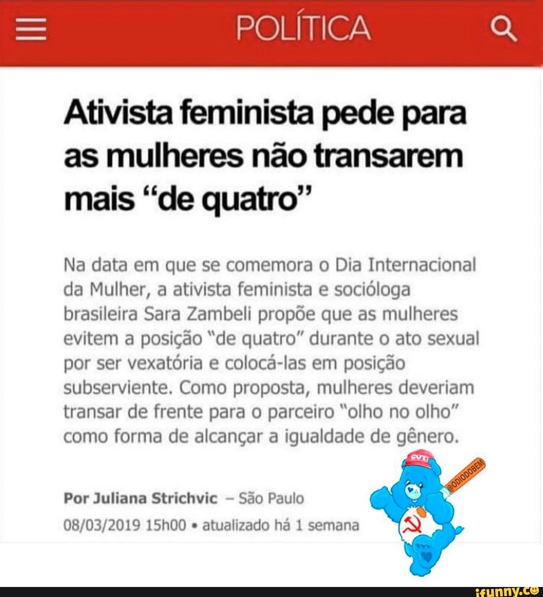 Ativista feminista pede para as mulheres não transarem mais 