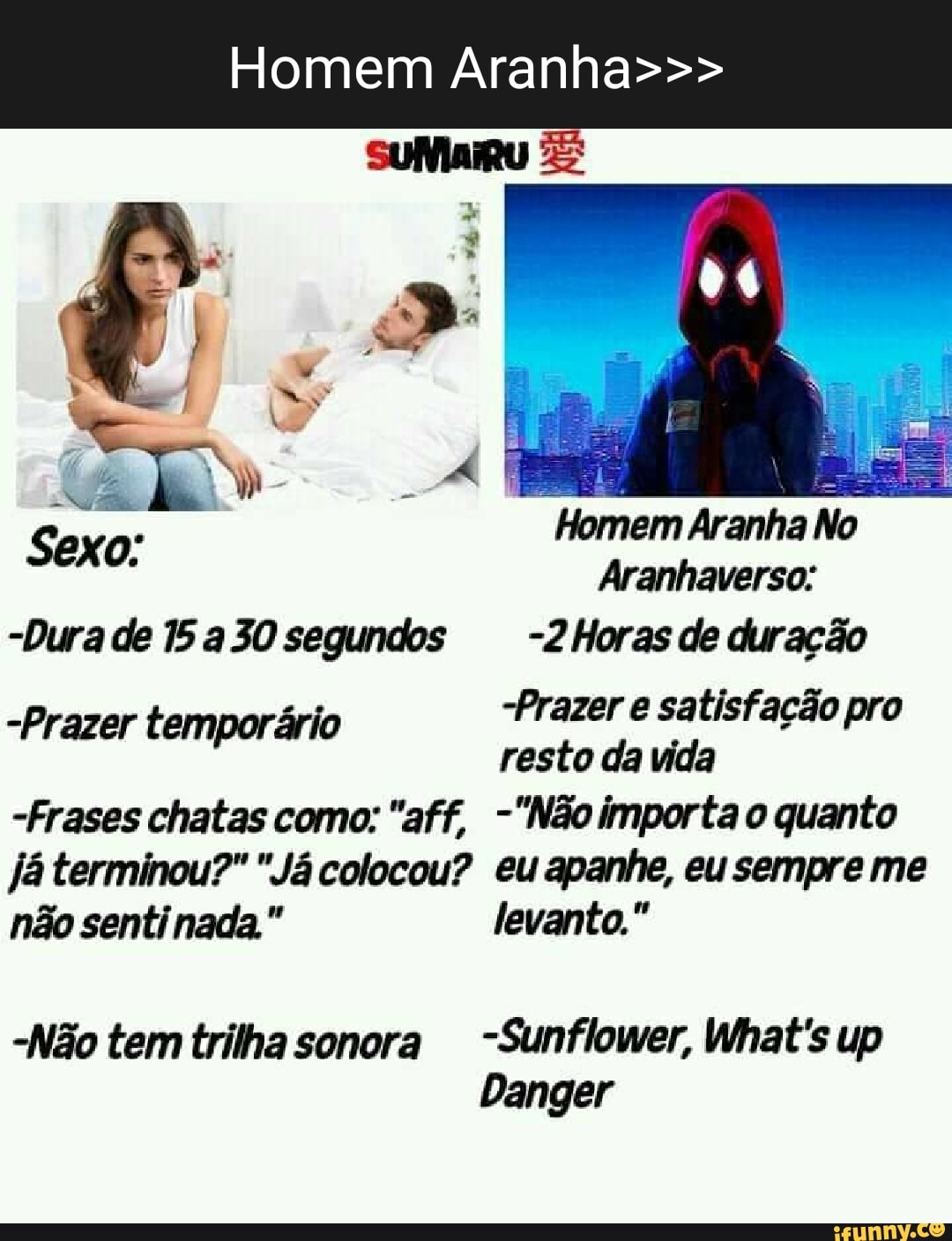 Homem Aranha>>> fê Homem Aranha No Sexo. Aranhaverso: -Durade 30 segundos  -2Horas de duração -Prazer e