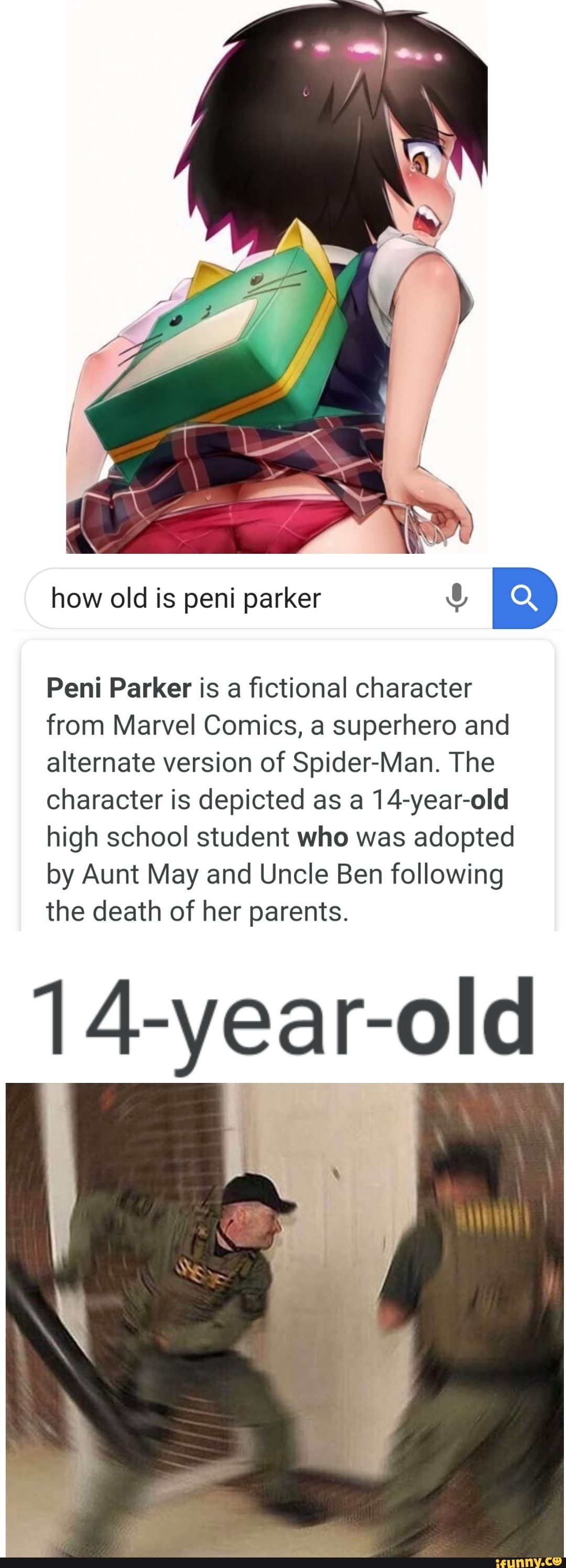 How old is peni parker x!» B Peni Parker is a ﬁctional character from Marvel