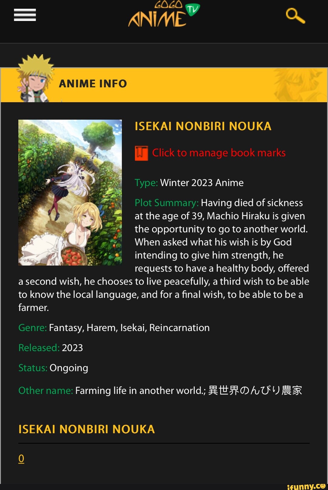 GOGO ANIME ANIME INFO ISEKAI NONBIRI NOUKA Click to manage book