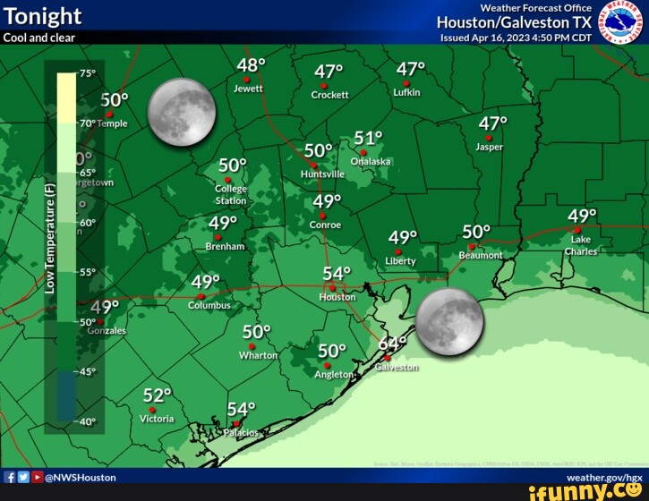 Tonight Cool and clear Temple Low (F) Temperature NWSHouston Jewett Statlon Brenham Columbus