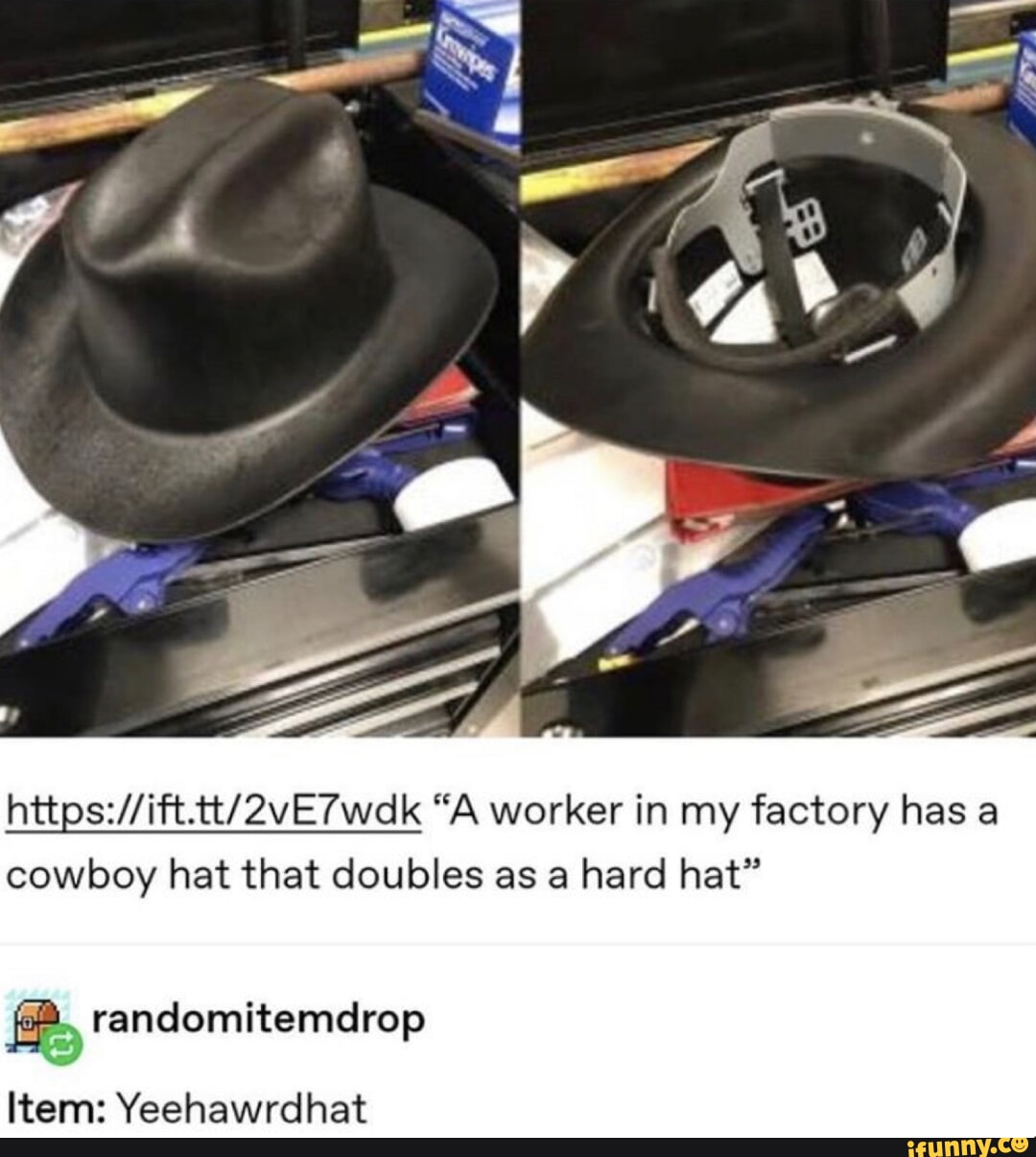 A worker in my factory has a cowboy hat that doubles as a hard hat
