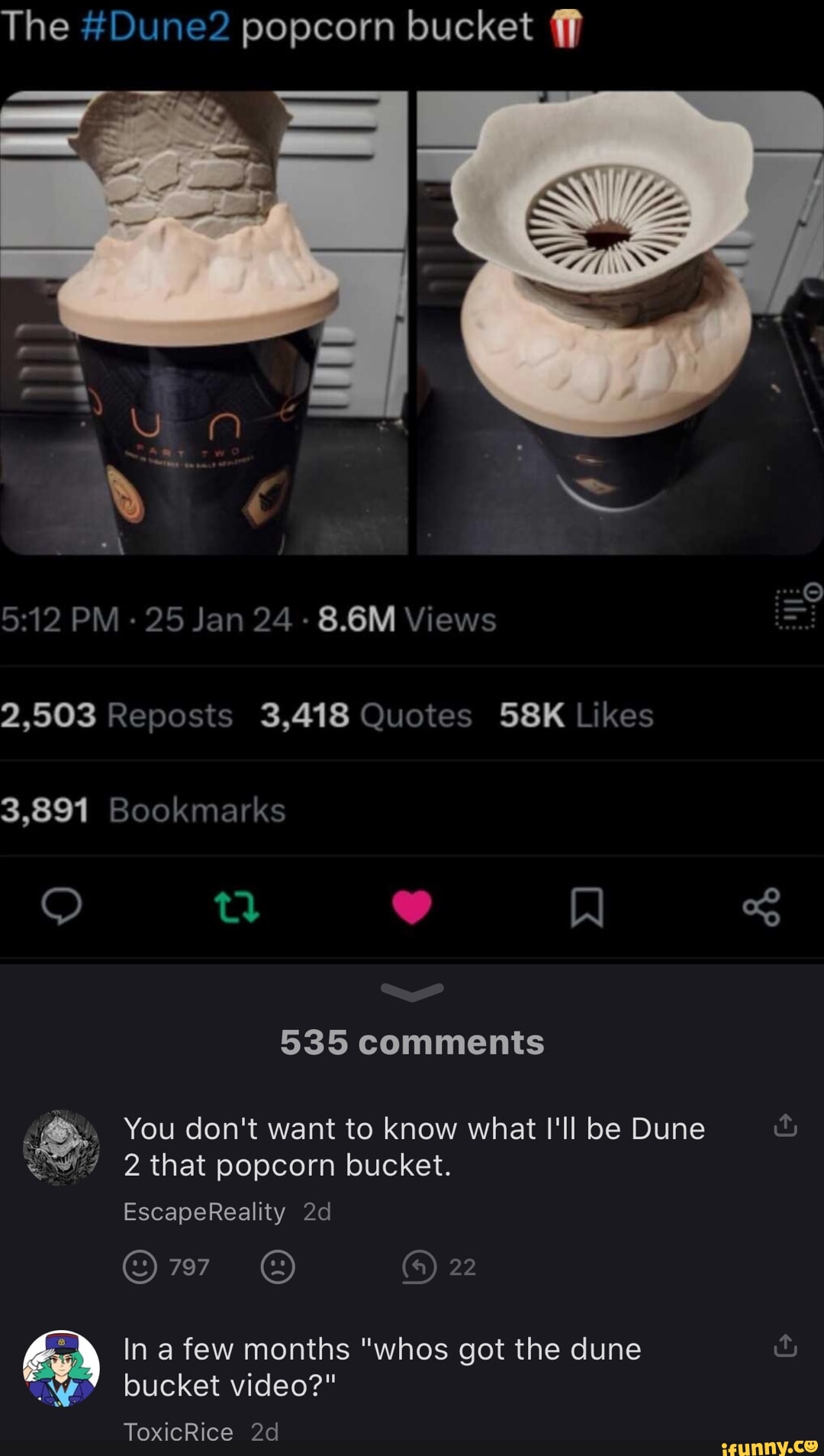 The ##Dune? popcorn bucket ff SAD PM 25 Jan 24 8.6M Views 2,503 Reposts