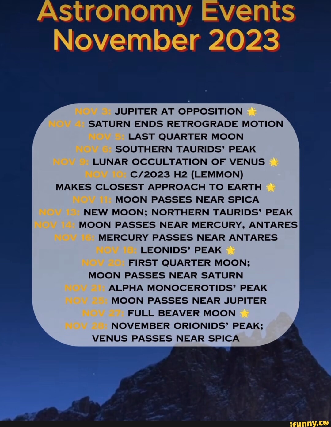 Astronomy Events November 2023 JUPITER AT OPPOSITION SATURN ENDS