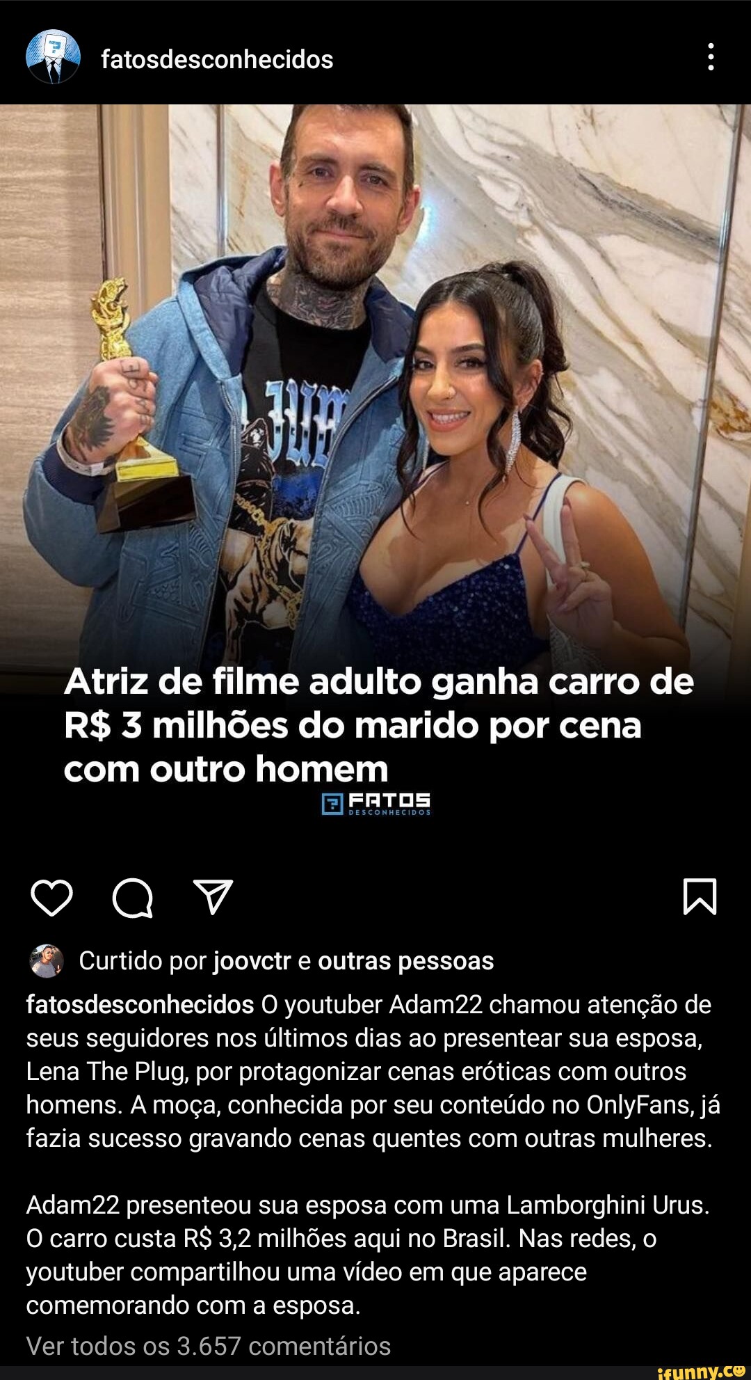 Fatosdesconhecidos : Atriz de filme adulto ganha carro de R$ 3 milhões do  marido por cena com