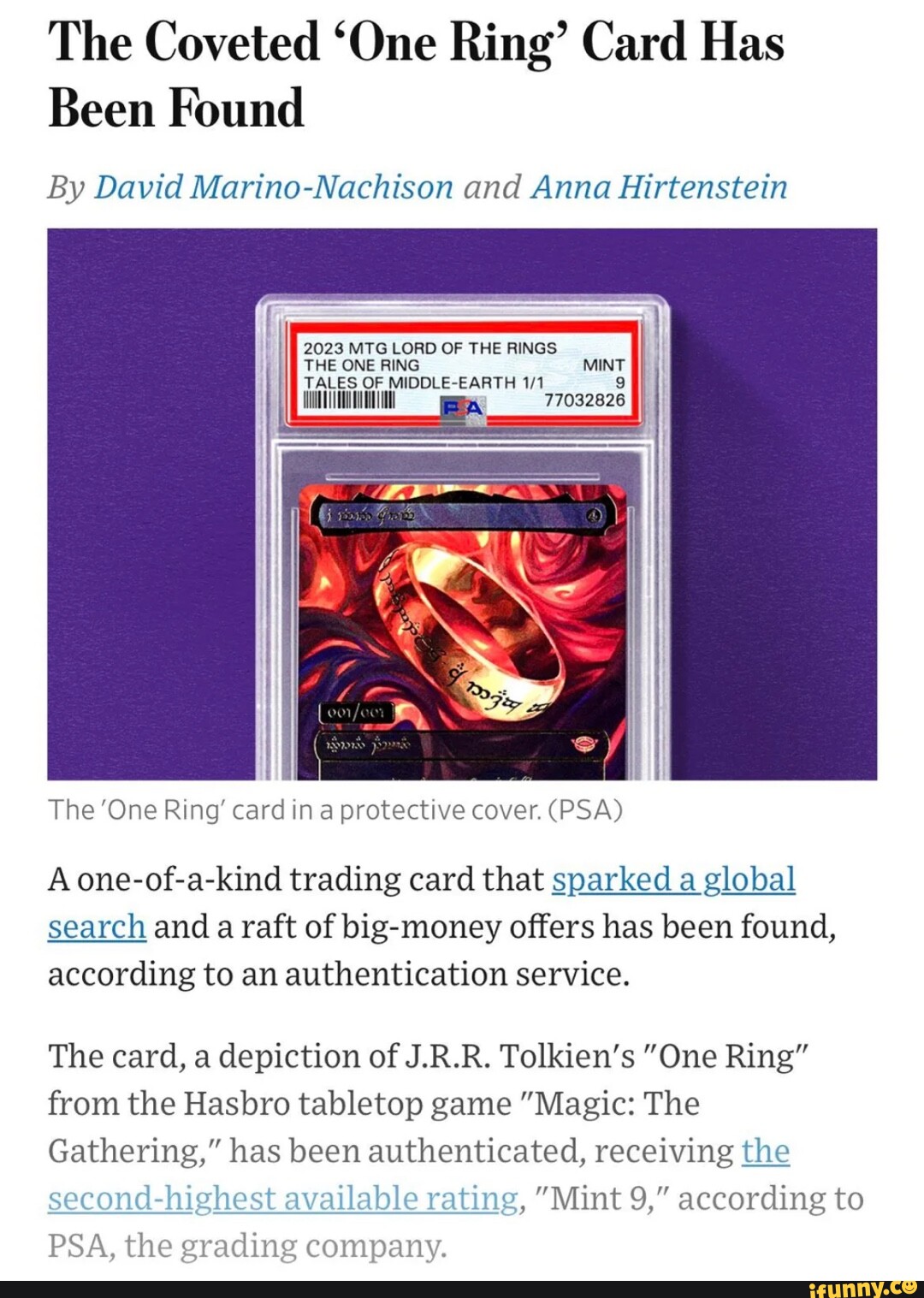 The Coveted 'One Ring' Card Has Been Found By David Marino-Nachison and  Anna Hirtenstein 2023