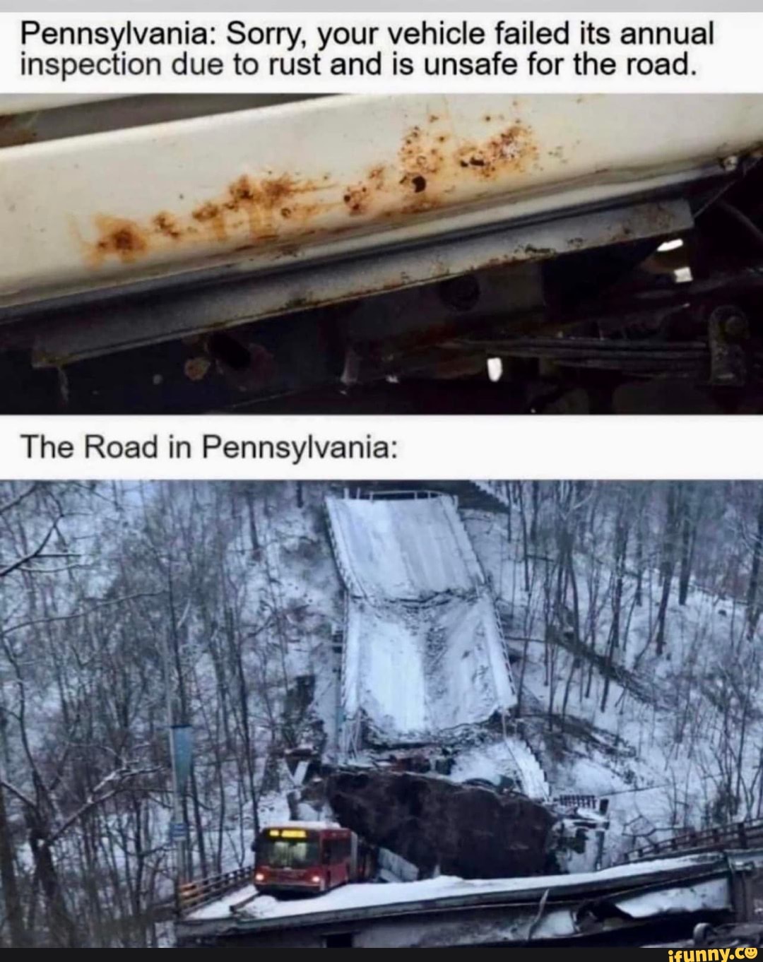 Pennsylvania Sorry, your vehicle failed its annual inspection due to rust and is unsafe for the