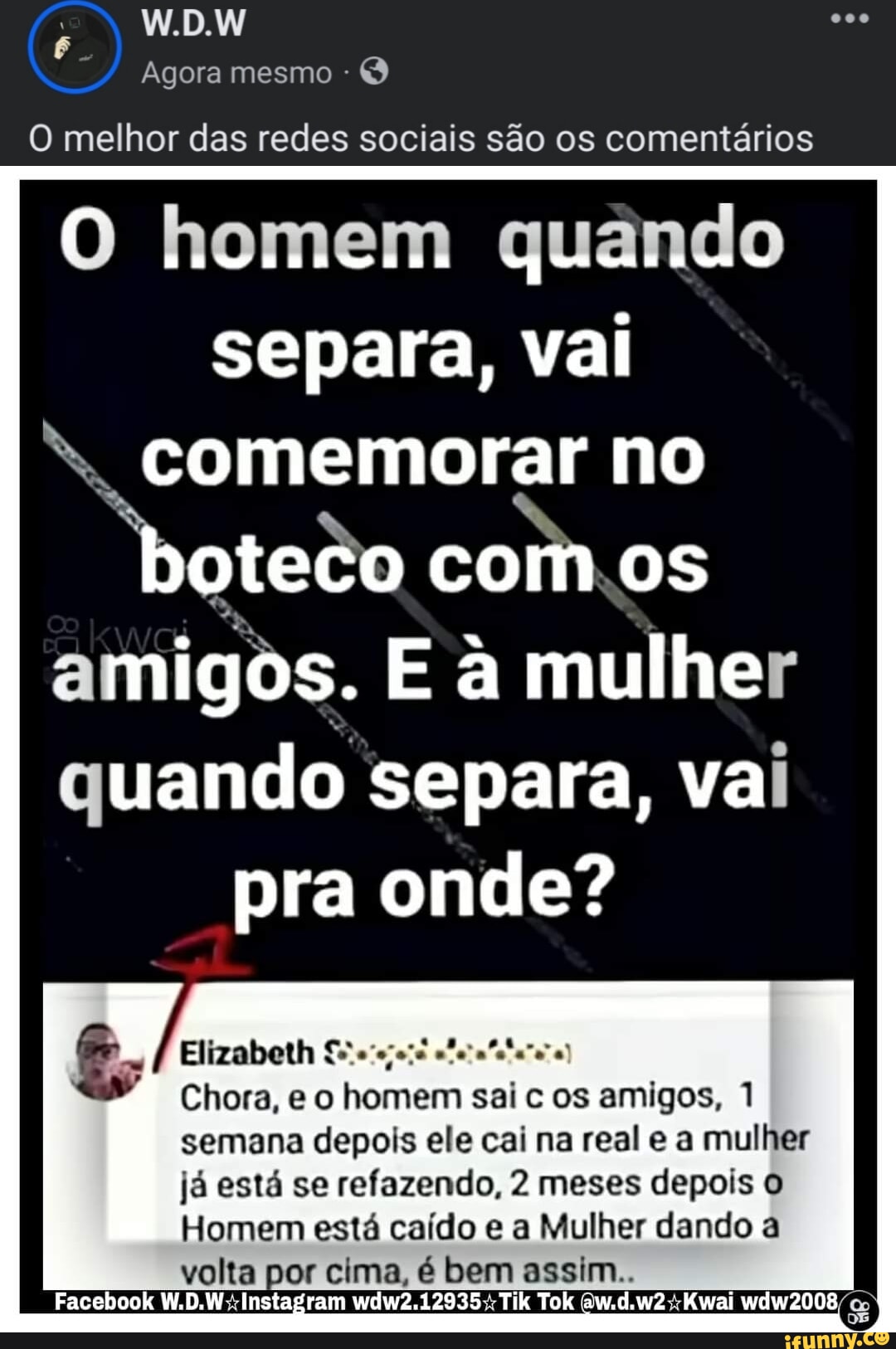 W.D.W Agora mesmo O melhor das redes sociais são os comentários O homem  quando separa, vai